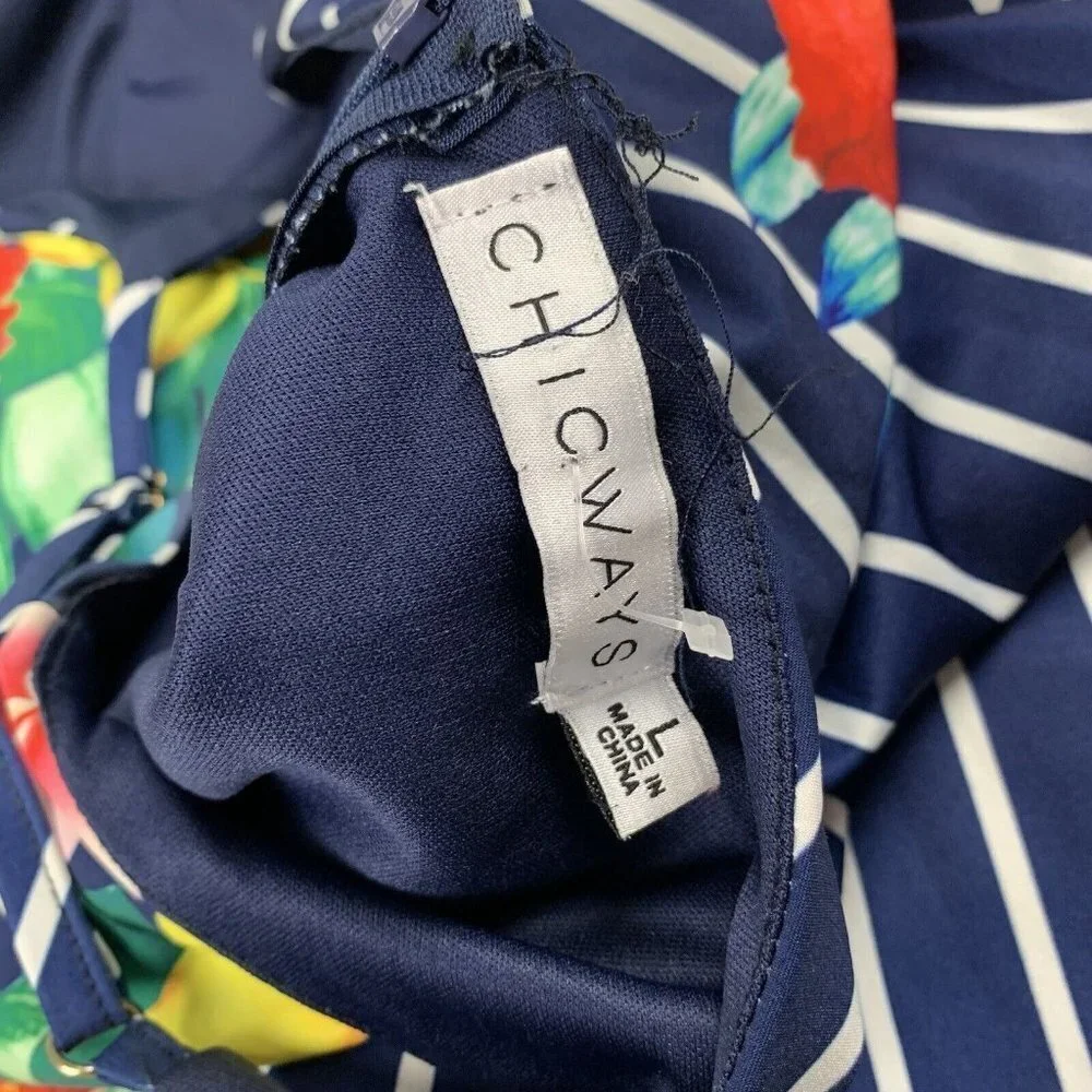 Chicways Floral and Striped Jumpsuit Size Large Hibiscus Flower Vneck blue - Picture 3 of 9